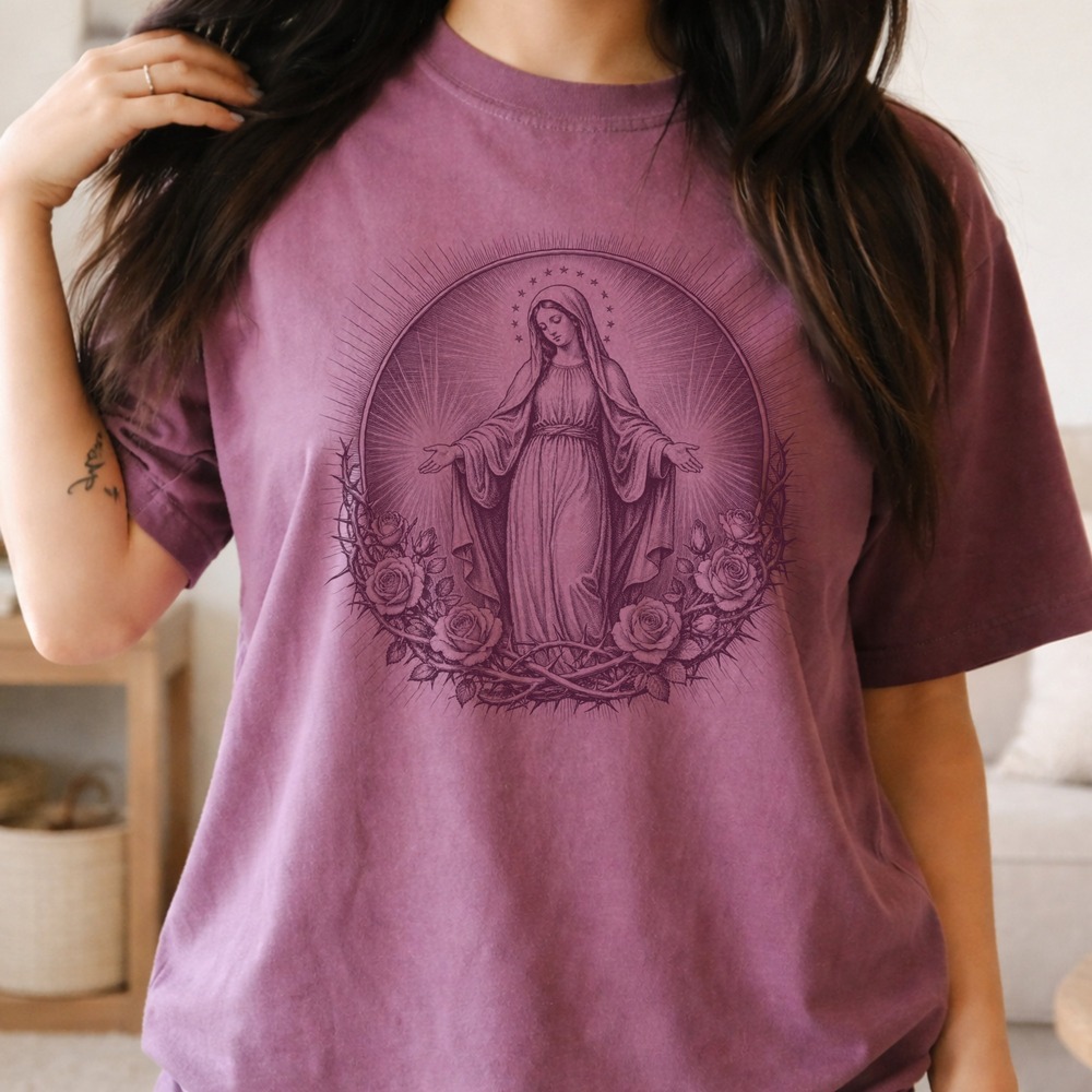 Veiled Figure Cradling Roses in a Thorned Wreath Tee
